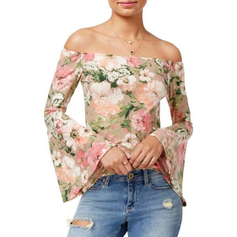 Off Shoulder Bell Sleeve Floral Top LIKE NEW - Picture 1 of 8